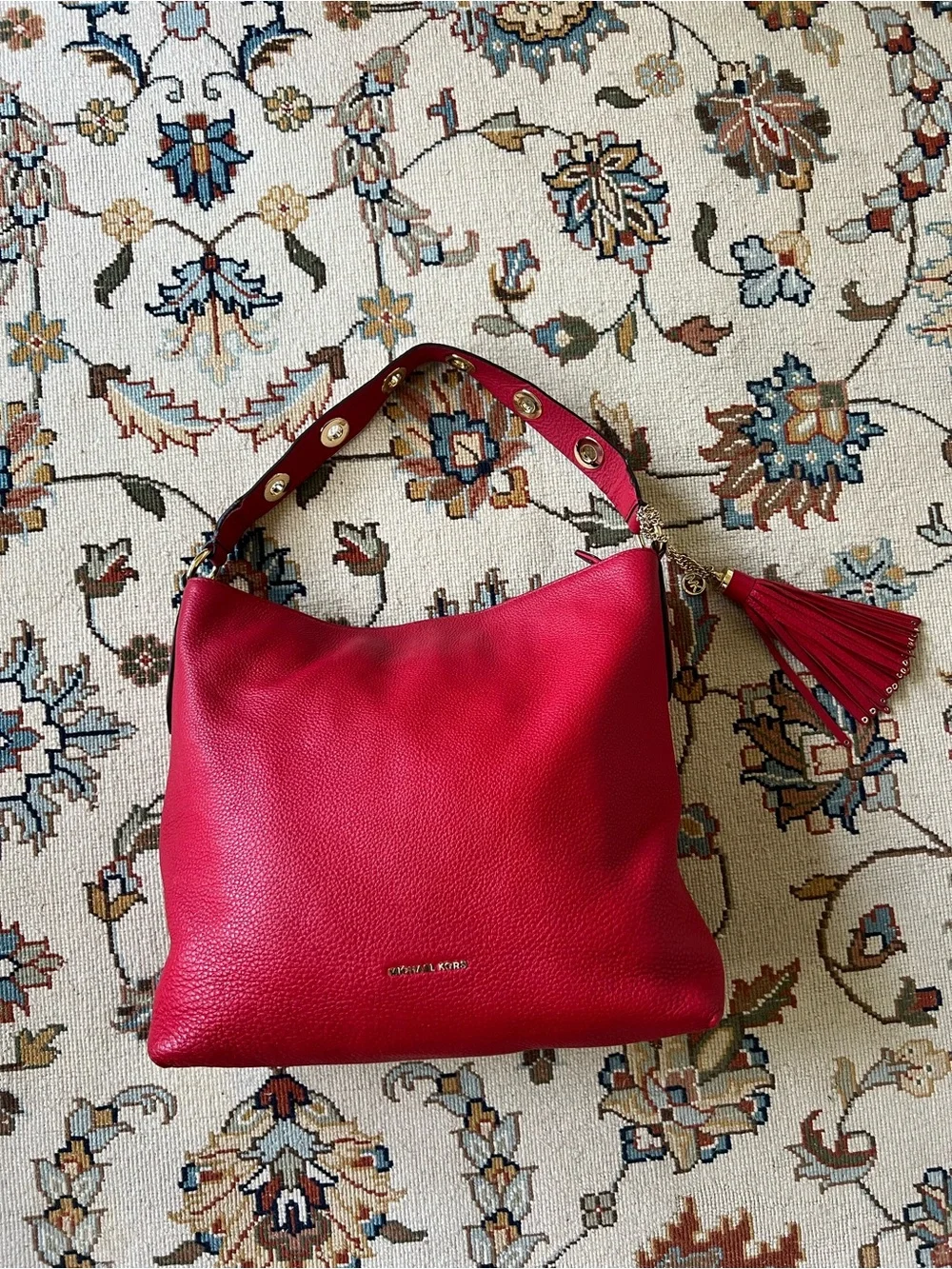Michael Kors Red Pebbled Leather Hobo with Tassel